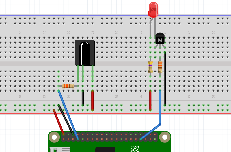 Schematic: connect IR transmitter LED and reviever to Raspberry Pi Zero